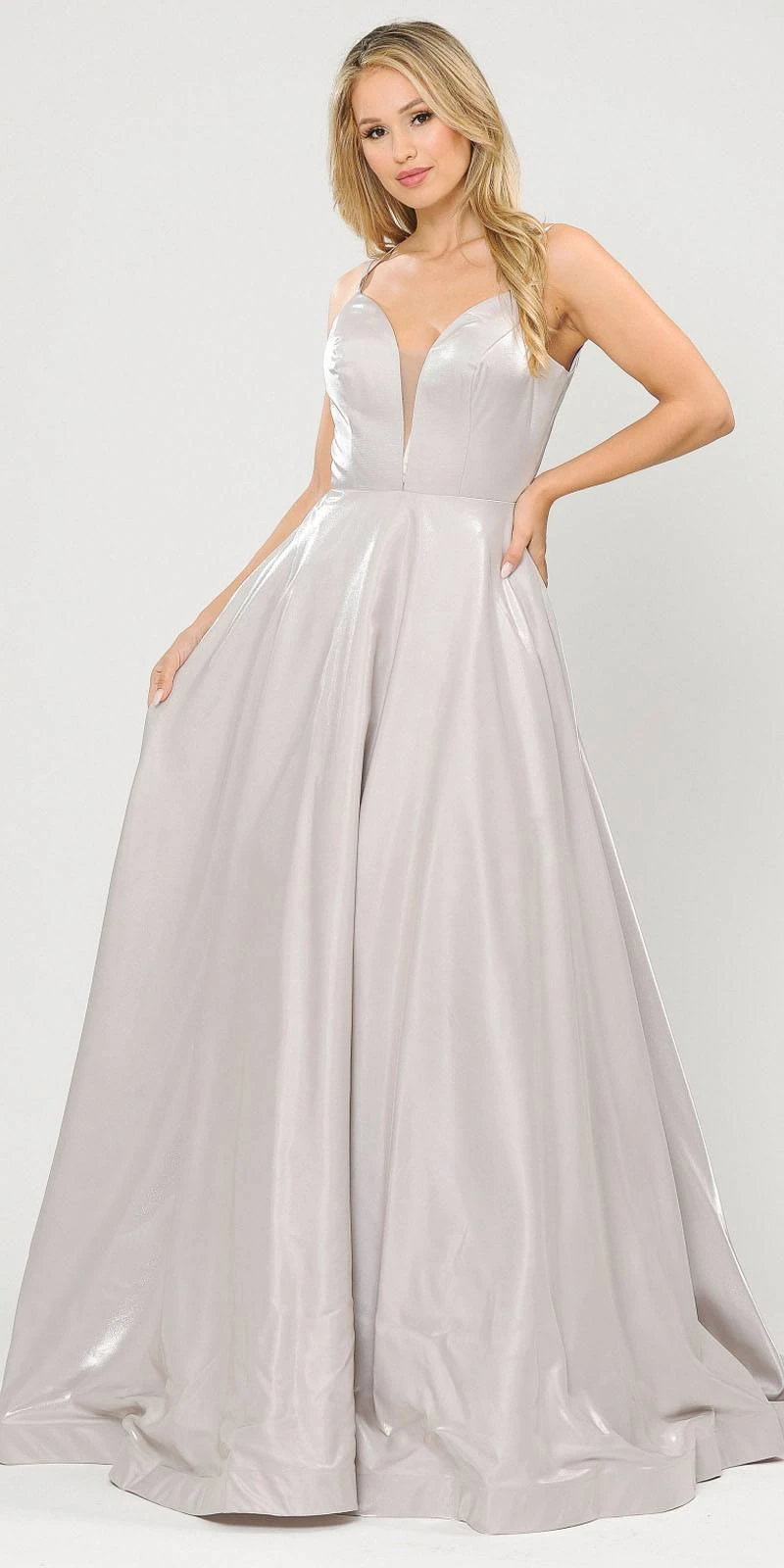 Poly USA | Ed Young 8644 Open-Back Long Prom Dress A-Line With Pockets(Stylish Open Back Long Prom Dress Silver With Pockets) 1 Poly USA | Ed Young 8644 Open-Back Long Prom Dress A-Line With Pockets(Stylish Open Back Long Prom Dress Silver With Pockets)