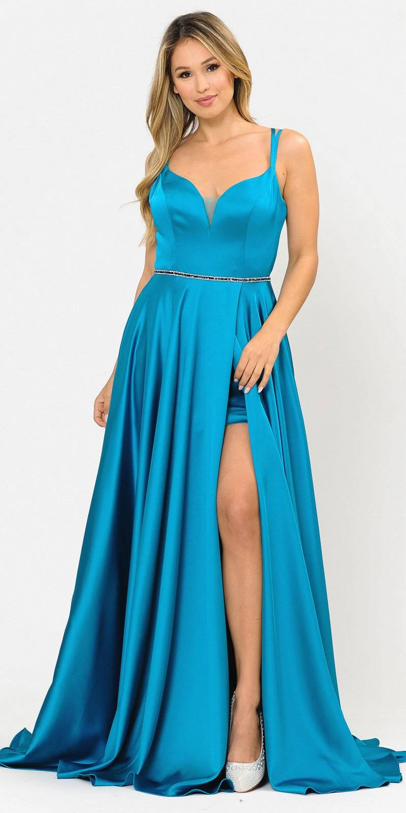 Poly USA | Ed Young 8654 Romper Style Long Dress With Pockets(Teal Romper Style Long Prom Dress With Pockets) 1 Poly USA | Ed Young 8654 Romper Style Long Dress With Pockets(Teal Romper Style Long Prom Dress With Pockets)
