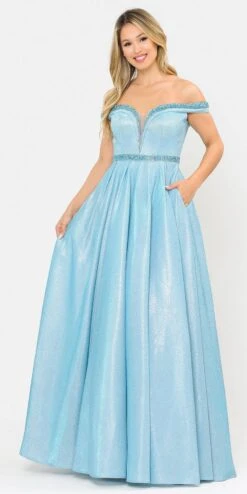 Poly USA | Ed Young 8664 Glitter Knit Off-Shoulder Long Dress With Pockets(Rose Gold Off Shoulder Long Prom Dress With Pockets) -Discount Dress Shops 8664 poly usa blue