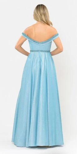 Poly USA | Ed Young 8664 Glitter Knit Off-Shoulder Long Dress With Pockets(Rose Gold Off Shoulder Long Prom Dress With Pockets) -Discount Dress Shops 8664 poly usa blue back