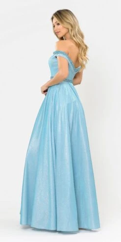 Poly USA | Ed Young 8664 Glitter Knit Off-Shoulder Long Dress With Pockets(Rose Gold Off Shoulder Long Prom Dress With Pockets) -Discount Dress Shops 8664 poly usa blue side