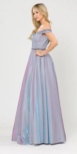 Poly USA | Ed Young 8664 Glitter Knit Off-Shoulder Long Dress With Pockets(Rose Gold Off Shoulder Long Prom Dress With Pockets) -Discount Dress Shops 8664 poly usa lavender side