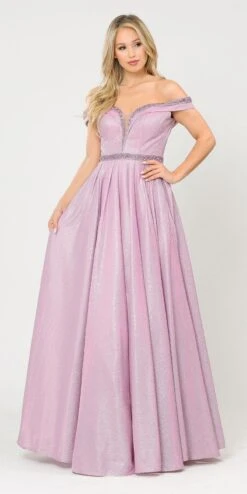 Poly USA | Ed Young 8664 Glitter Knit Off-Shoulder Long Dress With Pockets(Rose Gold Off Shoulder Long Prom Dress With Pockets) -Discount Dress Shops 8664 poly usa pink silver