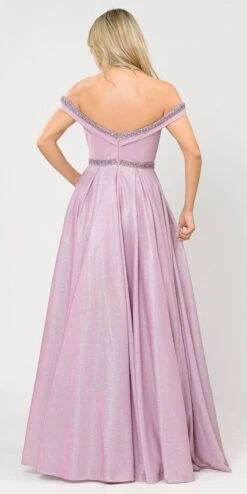 Poly USA | Ed Young 8664 Glitter Knit Off-Shoulder Long Dress With Pockets(Rose Gold Off Shoulder Long Prom Dress With Pockets) -Discount Dress Shops 8664 poly usa pink silver back