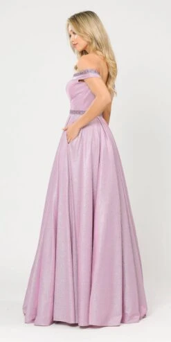 Poly USA | Ed Young 8664 Glitter Knit Off-Shoulder Long Dress With Pockets(Rose Gold Off Shoulder Long Prom Dress With Pockets) -Discount Dress Shops 8664 poly usa pink silver side