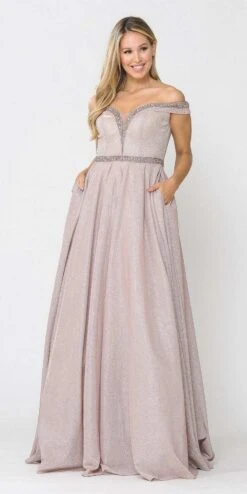 Poly USA | Ed Young 8664 Glitter Knit Off-Shoulder Long Dress With Pockets(Rose Gold Off Shoulder Long Prom Dress With Pockets)