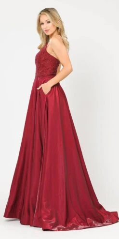 Poly USA | Ed Young 8670 Lace-Up Back Iridescent Shimmer Satin Long Dress(Lace Up Back Lavender Long Prom Dress With Pockets) -Discount Dress Shops 8670 poly usa burgundy side 9a91fb52 6055 45ac 9f68 b3255007059a