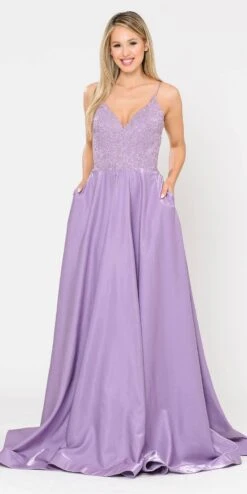 Poly USA | Ed Young 8670 Lace-Up Back Iridescent Shimmer Satin Long Dress(Lace Up Back Lavender Long Prom Dress With Pockets)