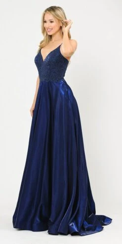 Poly USA | Ed Young 8670 Lace-Up Back Iridescent Shimmer Satin Long Dress(Lace Up Back Lavender Long Prom Dress With Pockets) -Discount Dress Shops 8670 poly usa navy blue side 144f06c4 4d9b 45c8 857e 2bcc4ec47bbc