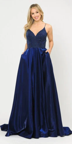 Poly USA | Ed Young 8670 Lace-Up Back Iridescent Shimmer Satin Long Dress(Lace Up Back Lavender Long Prom Dress With Pockets) -Discount Dress Shops 8670 poly usa navy blue bd8e2e3b 8315 4ddb 85bf 5174f27fd050