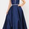 Poly USA | Ed Young 8672 Long Satin Dress With Spaghetti Straps(Long Satin Prom Dress With Spaghetti Straps Navy Blue)