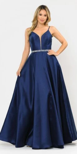 Poly USA | Ed Young 8672 Long Satin Dress With Spaghetti Straps(Long Satin Prom Dress With Spaghetti Straps Navy Blue)