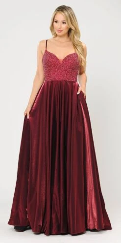 Poly USA | Ed Young 8674 Long Dress Embellished With Pocket(Burgundy Long Prom Dress Embellished With Pockets)