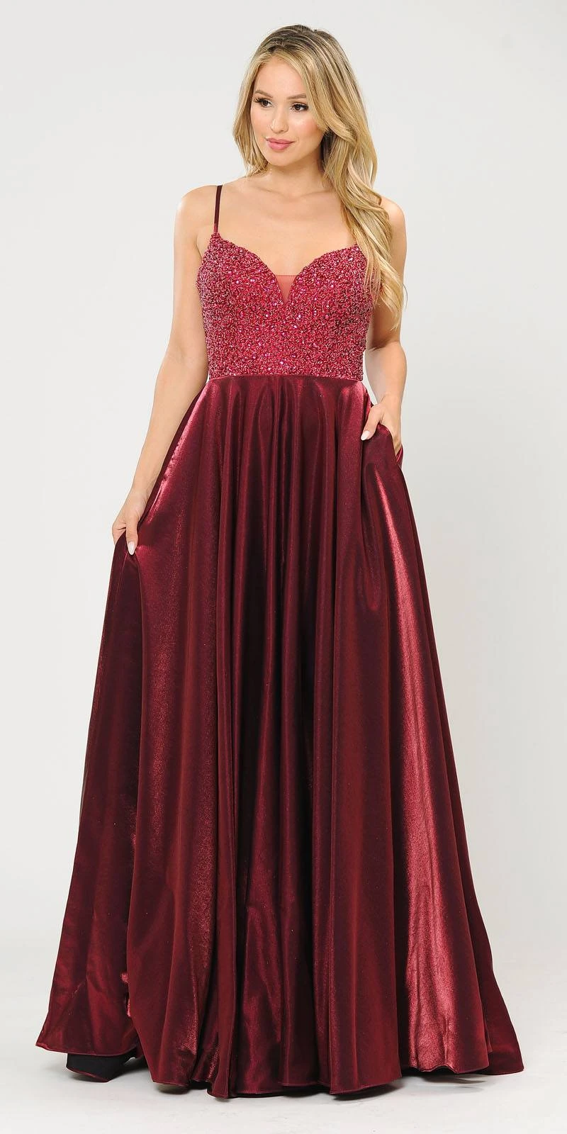 Poly USA | Ed Young 8674 Long Dress Embellished With Pocket(Burgundy Long Prom Dress Embellished With Pockets) 1 Poly USA | Ed Young 8674 Long Dress Embellished With Pocket(Burgundy Long Prom Dress Embellished With Pockets)