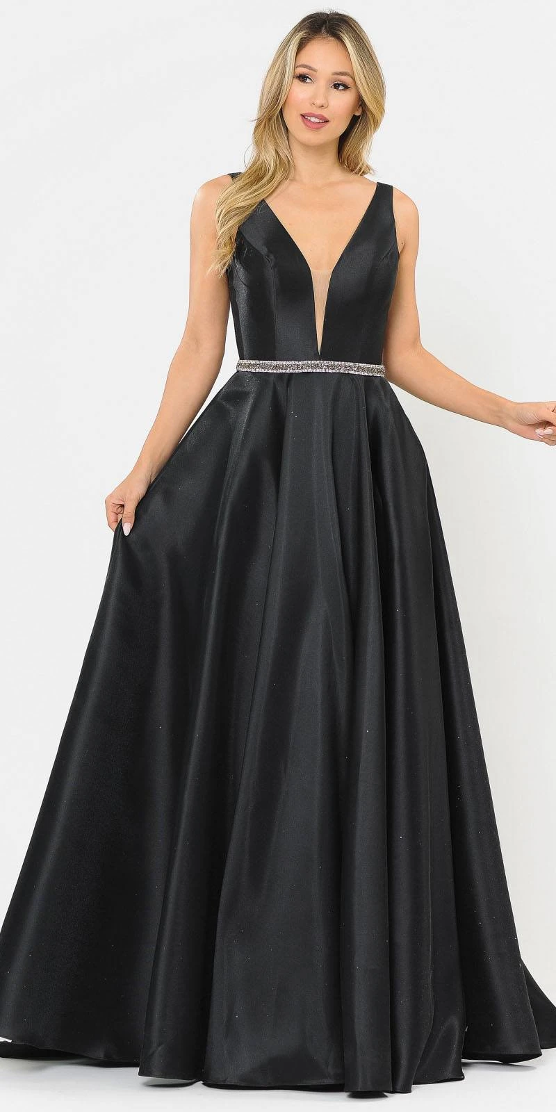 Poly USA | Ed Young 8682 V-Neck Mikado Long Dress With Pockets(V Neck And Back Black Long Prom Dress With Pockets) 1 Poly USA | Ed Young 8682 V-Neck Mikado Long Dress With Pockets(V Neck And Back Black Long Prom Dress With Pockets)