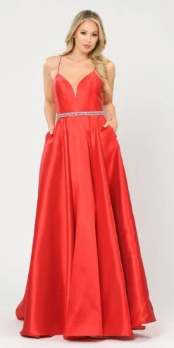 Poly USA | Ed Young 8688 Halter Criss-Cross Back Long A-Line Prom Dress With Pockets(Halter Criss Cross Back Long Red Prom Dress With Pockets)