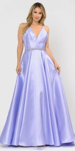 Poly USA | Ed Young 8690 V-Neck Long Mikado Dress With Pockets(V Neck Long Prom Dress Lilac With Pockets)