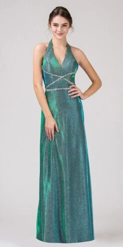 Eureka 8700 Halter Shimmering Long Dress V-Neck(Green Halter Shimmering Long Prom Dress V Neck)