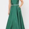 Poly USA | Ed Young 8702 A-Line Mikado Cap Sleeved Long Dress Pockets(Green Cap Sleeved Long Prom Dress With Pockets)