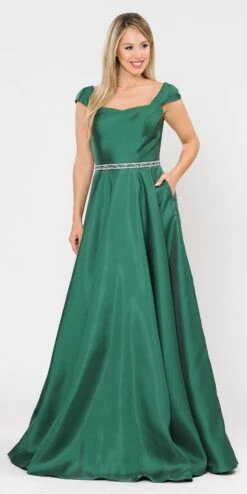 Poly USA | Ed Young 8702 A-Line Mikado Cap Sleeved Long Dress Pockets(Green Cap Sleeved Long Prom Dress With Pockets)