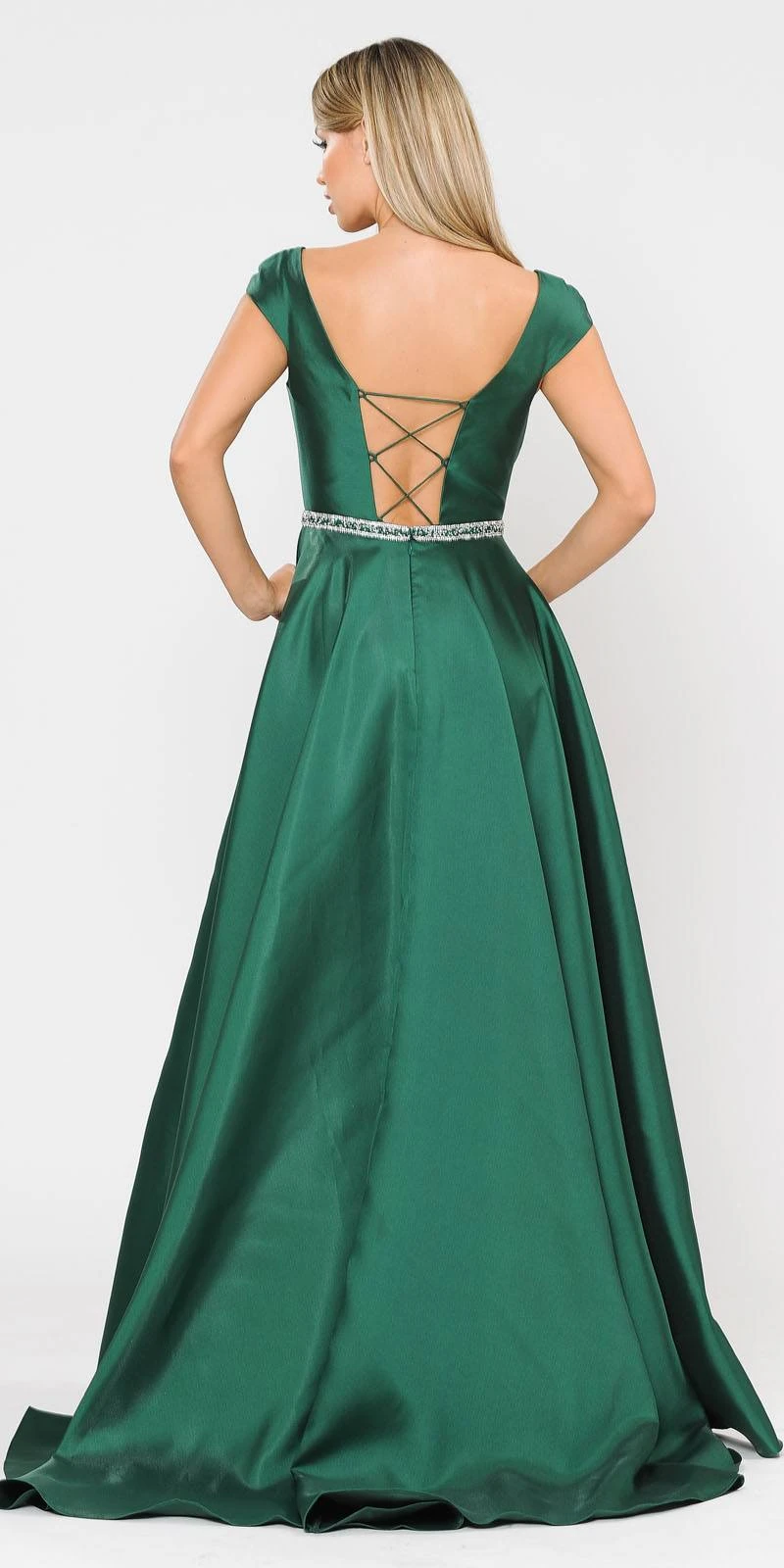 Poly USA | Ed Young 8702 A-Line Mikado Cap Sleeved Long Dress Pockets(Green Cap Sleeved Long Prom Dress With Pockets) 3 Poly USA | Ed Young 8702 A-Line Mikado Cap Sleeved Long Dress Pockets(Green Cap Sleeved Long Prom Dress With Pockets) - Image 3