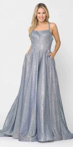 Poly USA | Ed Young 8716 Foiled Glitter Knit Long Dress With Pockets(Long Glitter Prom Dress With Pockets Royal Blue)