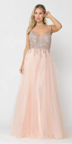 Poly USA | Ed Young 8718 Embellished Bodice Long Dress(Rose Gold Embellished Bodice Long Prom Dress)