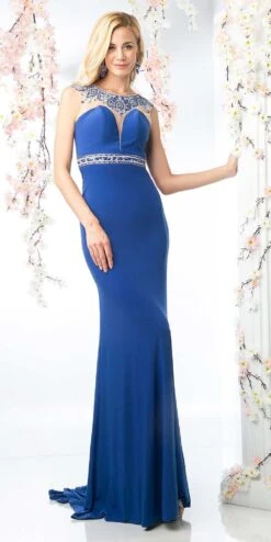 Cinderella Divine 8746 Jewel Neck Illusion High Fitted Waist Gown(Cinderella Divine 8746 Jewel Neck Illusion High Fitted Waist Evening Gown Royal Blue)