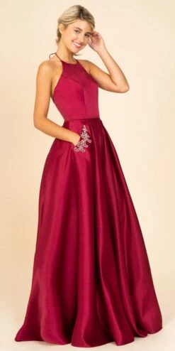 Eureka 8822 Halter Long Prom Dress With Pockets(Champagne Halter Long Prom Dress With Pockets) -Discount Dress Shops 8822 eureka burgundy
