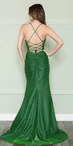 Poly USA | Ed Young 8878 Glitter Iridescent Open Slit Spaghetti Straps Square Neck Dress(Poly Usa 8878 Glitter Iridescent Open Slit Spaghetti Straps Square Neck Dress) -Discount Dress Shops 8878EMERALD 9