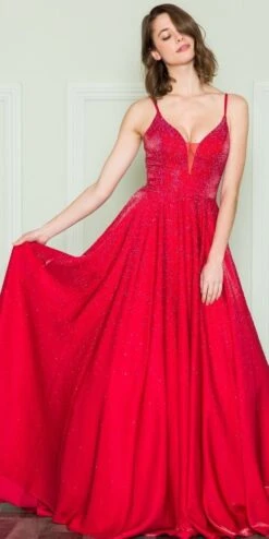 Poly USA | Ed Young 8888 V-Neck Floor Length Spaghetti Straps Rhinestone Dress(Poly Usa 8888 V Neck Floor Length Spaghetti Straps Rhinestone Dress) -Discount Dress Shops 8888 REDA LINE
