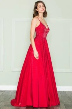 Poly USA | Ed Young 8888 V-Neck Floor Length Spaghetti Straps Rhinestone Dress(Poly Usa 8888 V Neck Floor Length Spaghetti Straps Rhinestone Dress) -Discount Dress Shops 8888 REDRIGHTSIDE