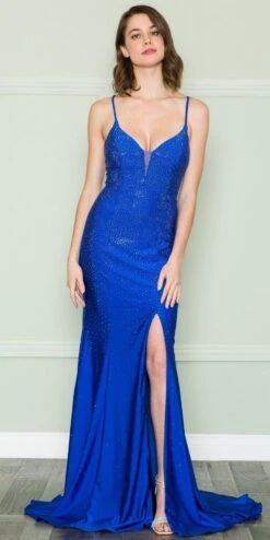 Poly USA | Ed Young 8892 Floor Length Slit Rhinestones V-Neck Iridescent Dress.(Poly Usa 8892 Floor Length Slit Rhinestones V Neck Iridescent Dress) -Discount Dress Shops 8892 ROYALFRONT