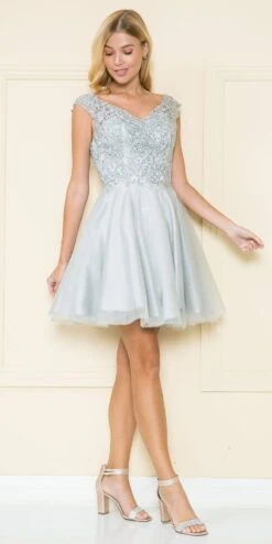 Poly USA | Ed Young 8902 Mesh Layered Skirt Dress Embroidery Top(Poly Usa 8902 Mesh Layered Skirt Dress Embroidery Top) -Discount Dress Shops 8902Silver 17