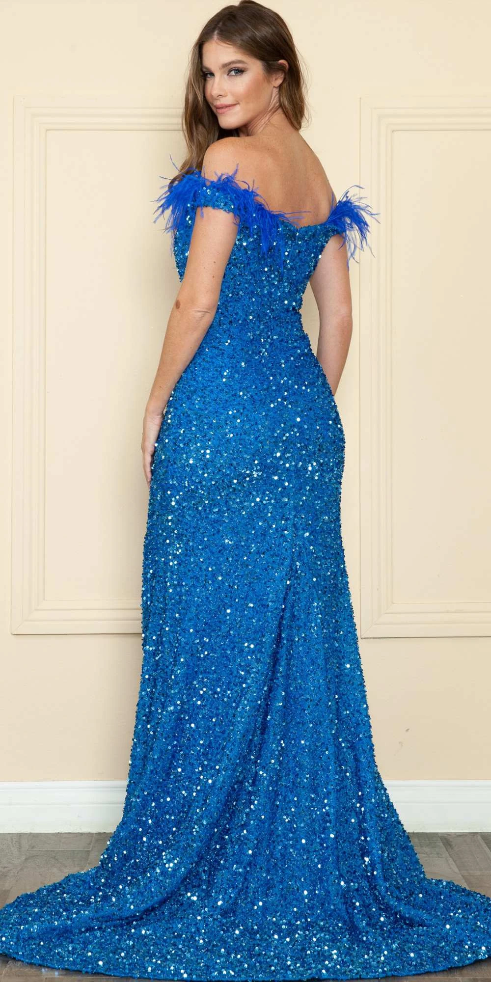 Poly USA | Ed Young 8980 Long Fitted Off The Shoulder Feather Sequin Dress With Slit(Poly Usa 8980 Long Fitted Off The Shoulder Feather Sequin Dress With Slit) 2 Poly USA | Ed Young 8980 Long Fitted Off The Shoulder Feather Sequin Dress With Slit(Poly Usa 8980 Long Fitted Off The Shoulder Feather Sequin Dress With Slit) - Image 2