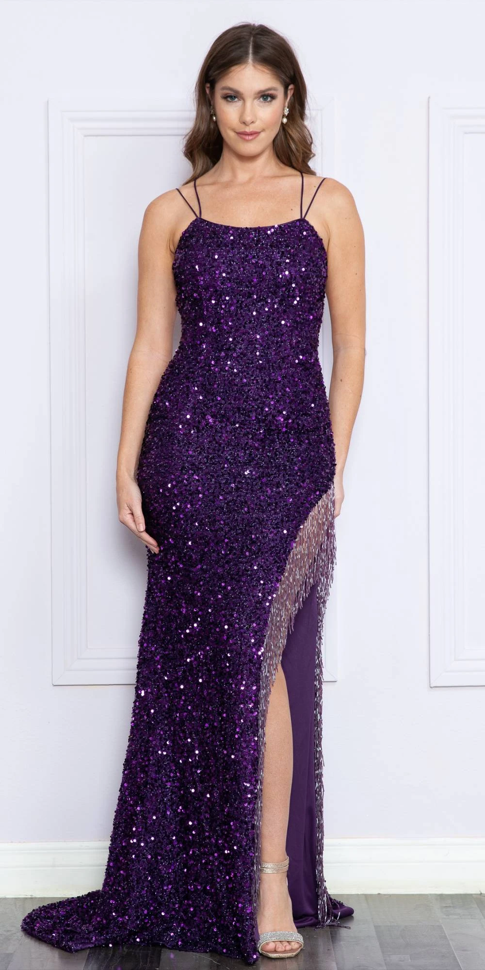 Poly USA | Ed Young 8982 Long Fitted Sequin Velvet Knit With Fringe Slit(Poly Usa 8982 Long Fitted Sequin Velvet Knit With Fringe Slit) 1 Poly USA | Ed Young 8982 Long Fitted Sequin Velvet Knit With Fringe Slit(Poly Usa 8982 Long Fitted Sequin Velvet Knit With Fringe Slit)