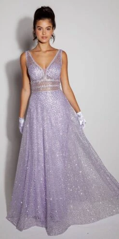 Eureka 9005 Glitter Mesh A-Line Long Prom Dress V-Neck(Gold Glitter Mesh A Line Long Prom Dress V Neck)