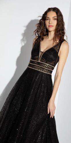 Eureka 9005 Glitter Mesh A-Line Long Prom Dress V-Neck(Gold Glitter Mesh A Line Long Prom Dress V Neck) -Discount Dress Shops 9005 black