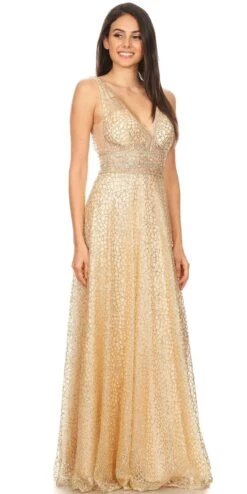 Eureka 9005 Glitter Mesh A-Line Long Prom Dress V-Neck(Gold Glitter Mesh A Line Long Prom Dress V Neck) -Discount Dress Shops 9005 champagne side