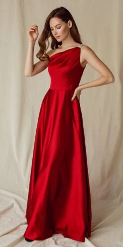 Eureka 9025 A-Line One Shoulder Satin Gown With Pockets(Eureka 9025 A Line One Shoulder Satin Gown With Pockets) -Discount Dress Shops 9025Burgundy 2