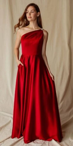Eureka 9025 A-Line One Shoulder Satin Gown With Pockets(Eureka 9025 A Line One Shoulder Satin Gown With Pockets) -Discount Dress Shops 9025Burgundy 4