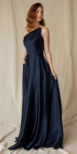 Eureka 9025 A-Line One Shoulder Satin Gown With Pockets(Eureka 9025 A Line One Shoulder Satin Gown With Pockets) -Discount Dress Shops 9025Navy 4