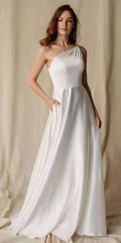 Eureka 9025 A-Line One Shoulder Satin Gown With Pockets(Eureka 9025 A Line One Shoulder Satin Gown With Pockets) -Discount Dress Shops 9025OffWhite 4