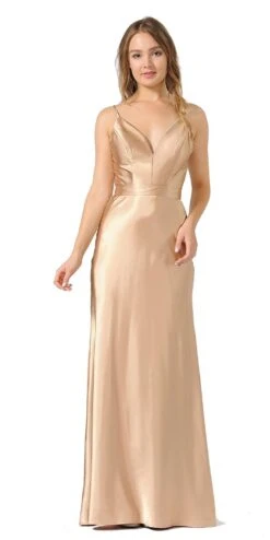 Poly USA | Ed Young 9028 V-Neck Long Dress With Spaghetti Strap(V Neck Long Formal Dress With Spaghetti Strap Gold)