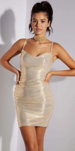 Eureka Fashion 9033 Short Ruched Metallic Cocktail Dress Spaghetti Straps(Eureka Fashion 9033 Short Rusched Metallic Dress With Spaghetti Straps And Zipper Back)