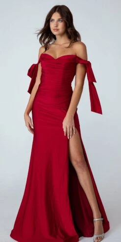 Eureka 9181 Off The Shoulder Gown Ruched Bodice Adjustable Bow Tie Sleeves(Eureka 9181 Off The Shoulder Gown Ruched Bodice Adjustable Bow Tie Sleeves)