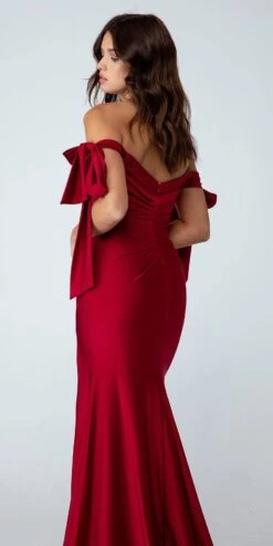 Eureka 9181 Off The Shoulder Gown Ruched Bodice Adjustable Bow Tie Sleeves(Eureka 9181 Off The Shoulder Gown Ruched Bodice Adjustable Bow Tie Sleeves) -Discount Dress Shops 9181 burgundy back