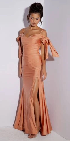 Eureka 9181 Off The Shoulder Gown Ruched Bodice Adjustable Bow Tie Sleeves(Eureka 9181 Off The Shoulder Gown Ruched Bodice Adjustable Bow Tie Sleeves) -Discount Dress Shops 9181 desert coral
