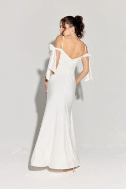 Eureka 9181 Off The Shoulder Gown Ruched Bodice Adjustable Bow Tie Sleeves(Eureka 9181 Off The Shoulder Gown Ruched Bodice Adjustable Bow Tie Sleeves) -Discount Dress Shops 9181OFFWHITE2