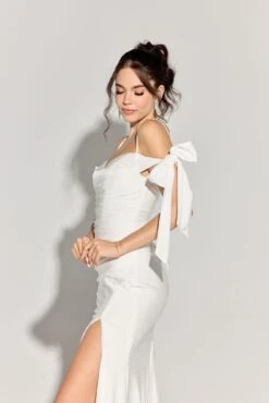 Eureka 9181 Off The Shoulder Gown Ruched Bodice Adjustable Bow Tie Sleeves(Eureka 9181 Off The Shoulder Gown Ruched Bodice Adjustable Bow Tie Sleeves) -Discount Dress Shops 9181OFFWHITE4